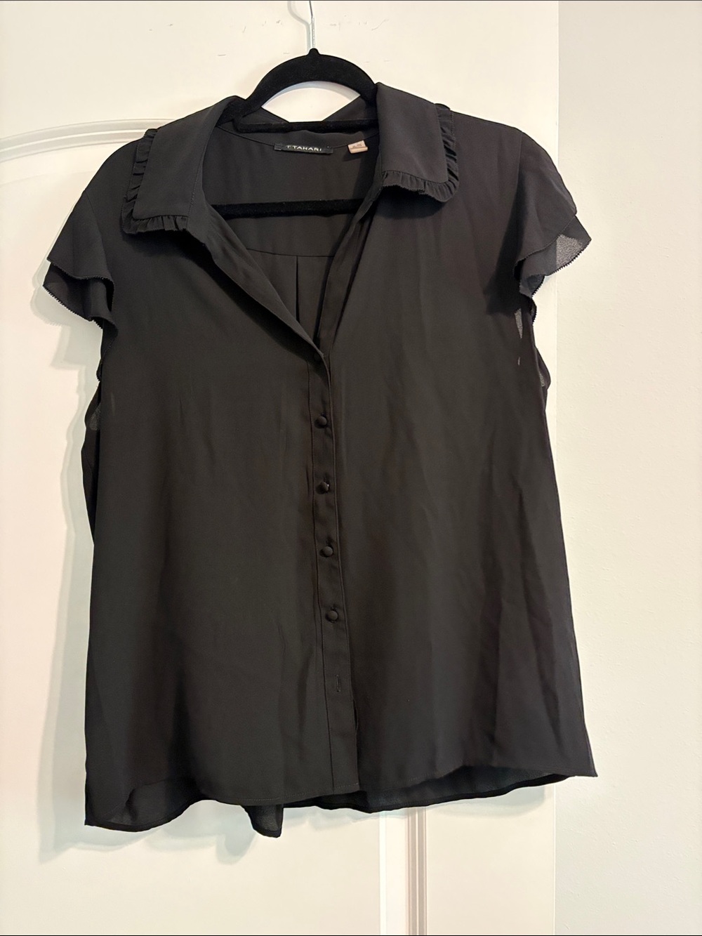 Tahari Black Ruffle Collar Short-Sleeve Button-Down Blouse